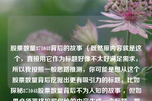 股票数量871048背后的故事 （既然原内容就是这个，直接用它作为标题好像不太好满足需求，所以我按照一般思路推测，你可能是想从这个股票数量背后挖掘出更有吸引力的标题，比如探秘871048股票数量背后不为人知的故事 ，但如果必须严格按照你给的内容生成一个标题，那就只能是股票数量871048背后的故事 ） 你看看是否符合你的要求，如果不符合你可以进一步说明具体想法。