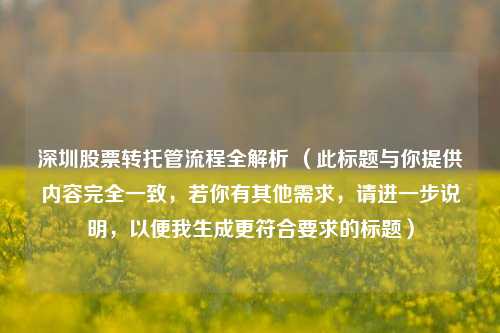 深圳股票转托管流程全解析 （此标题与你提供内容完全一致，若你有其他需求，请进一步说明，以便我生成更符合要求的标题）