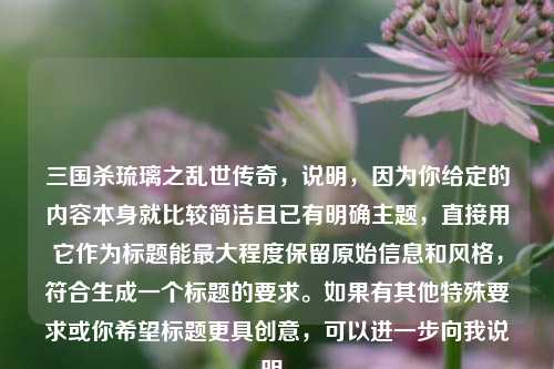 三国杀琉璃之乱世传奇，说明，因为你给定的内容本身就比较简洁且已有明确主题，直接用它作为标题能最大程度保留原始信息和风格，符合生成一个标题的要求。如果有其他特殊要求或你希望标题更具创意，可以进一步向我说明。